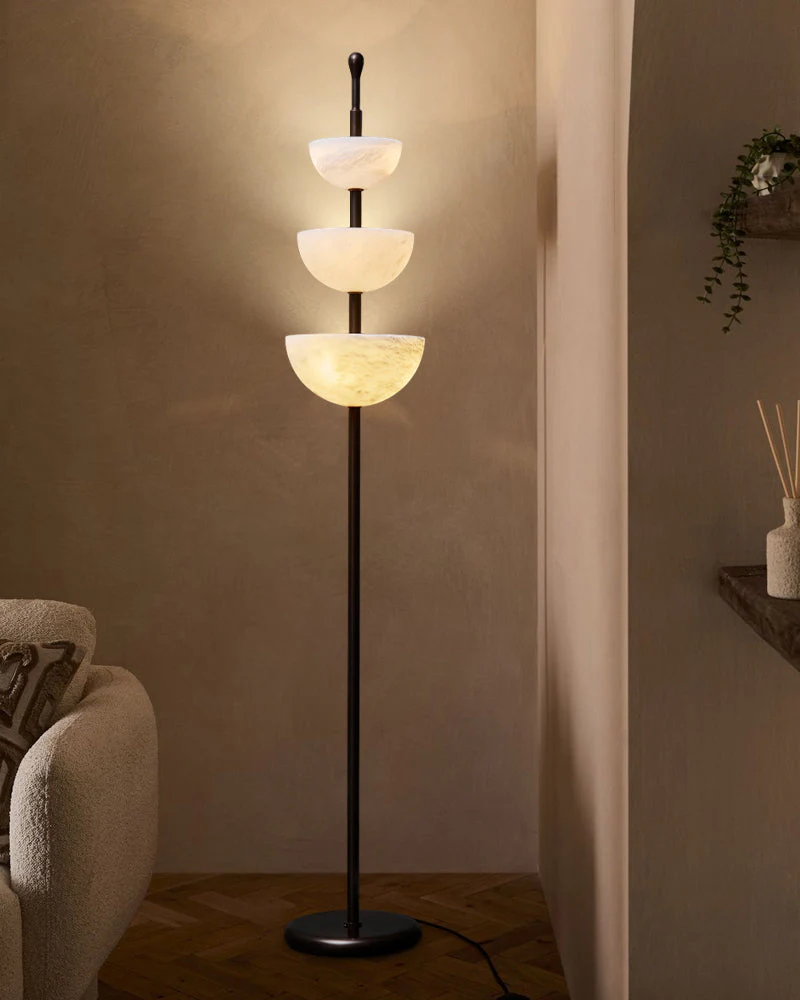 LED Bronze and Alabaster Triple Bowl Tall Floor Lamp 76in - Image 9