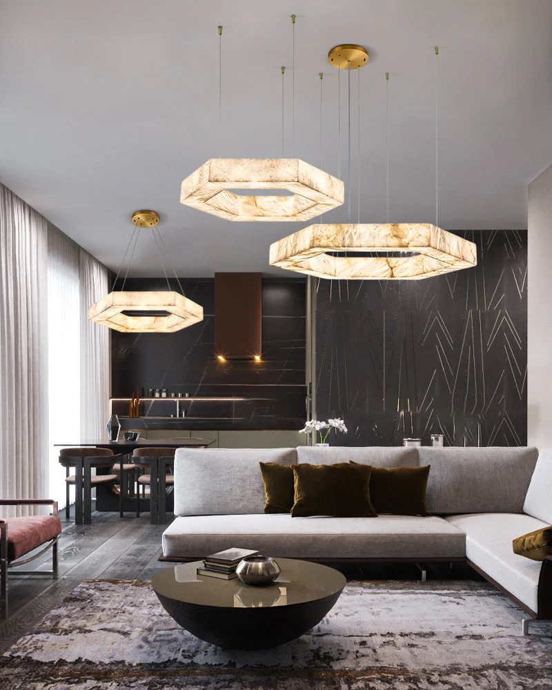 LED Hexagon Marble Pendant Lamp | Double/Triple Ring Design - Image 2