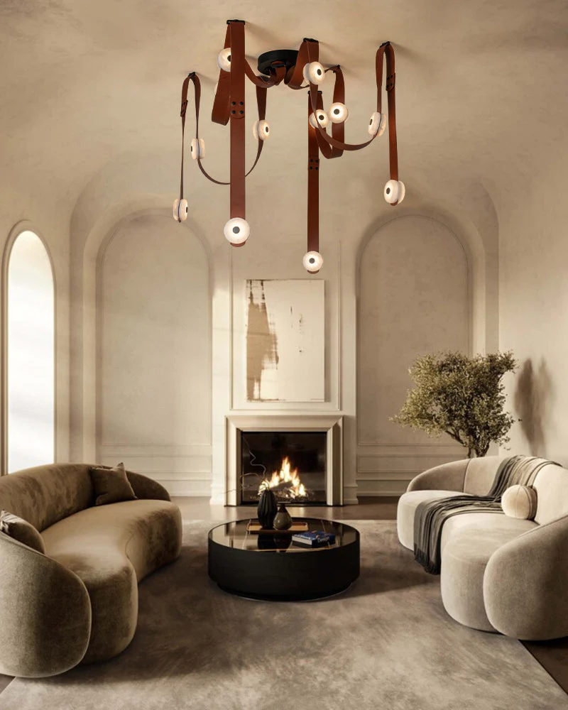 LED Mini SNAPS Module Ceiling Alabaster Pendant Light with Brown Leather Straps