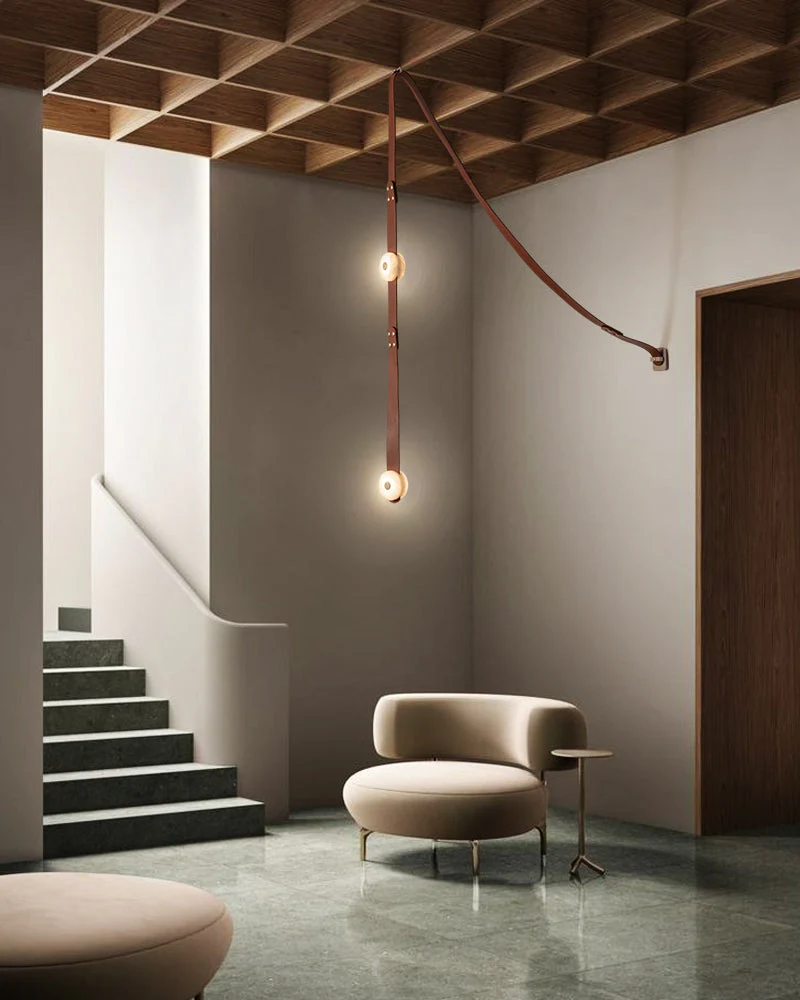 LED Mini SNAPS Module Ceiling Alabaster Pendant Light with Brown Leather Straps - Image 5