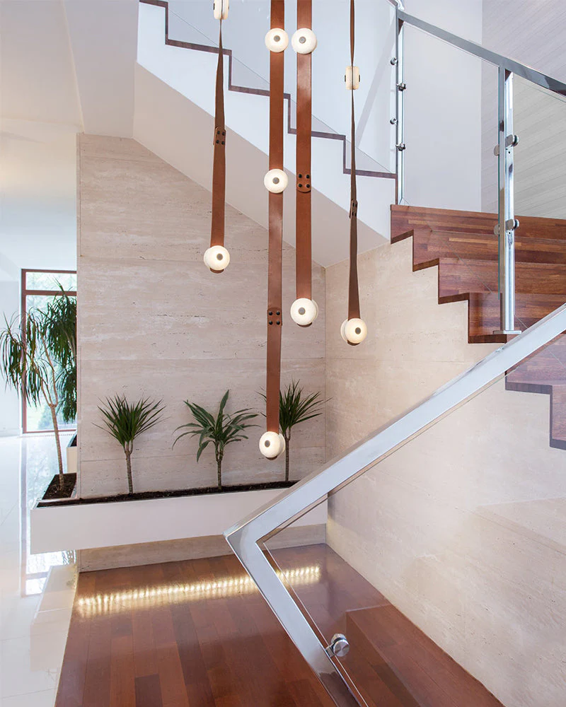 LED Mini SNAPS Module Ceiling Alabaster Pendant Light with Brown Leather Straps - Image 8