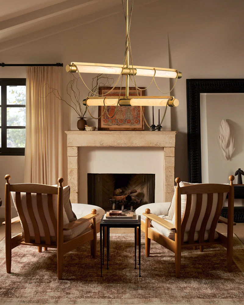 LED Tubular Alabaster Shades Ceiling Pendant Lamp 49" with long chains | Brass