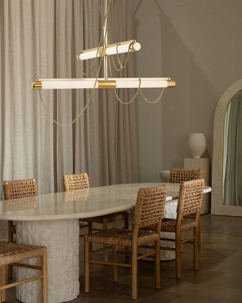 LED Tubular Alabaster Shades Ceiling Pendant Lamp 49" with long chains | Brass - Image 12