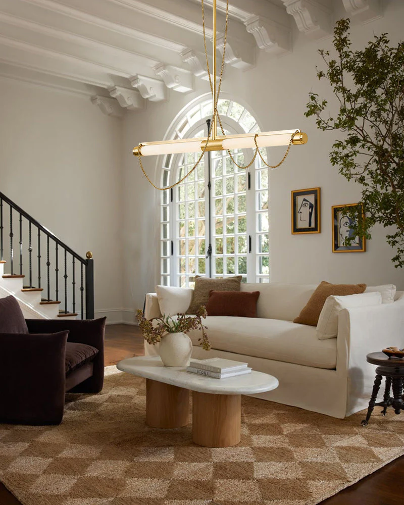 LED Tubular Alabaster Shades Ceiling Pendant Lamp 49" with long chains | Brass - Image 3