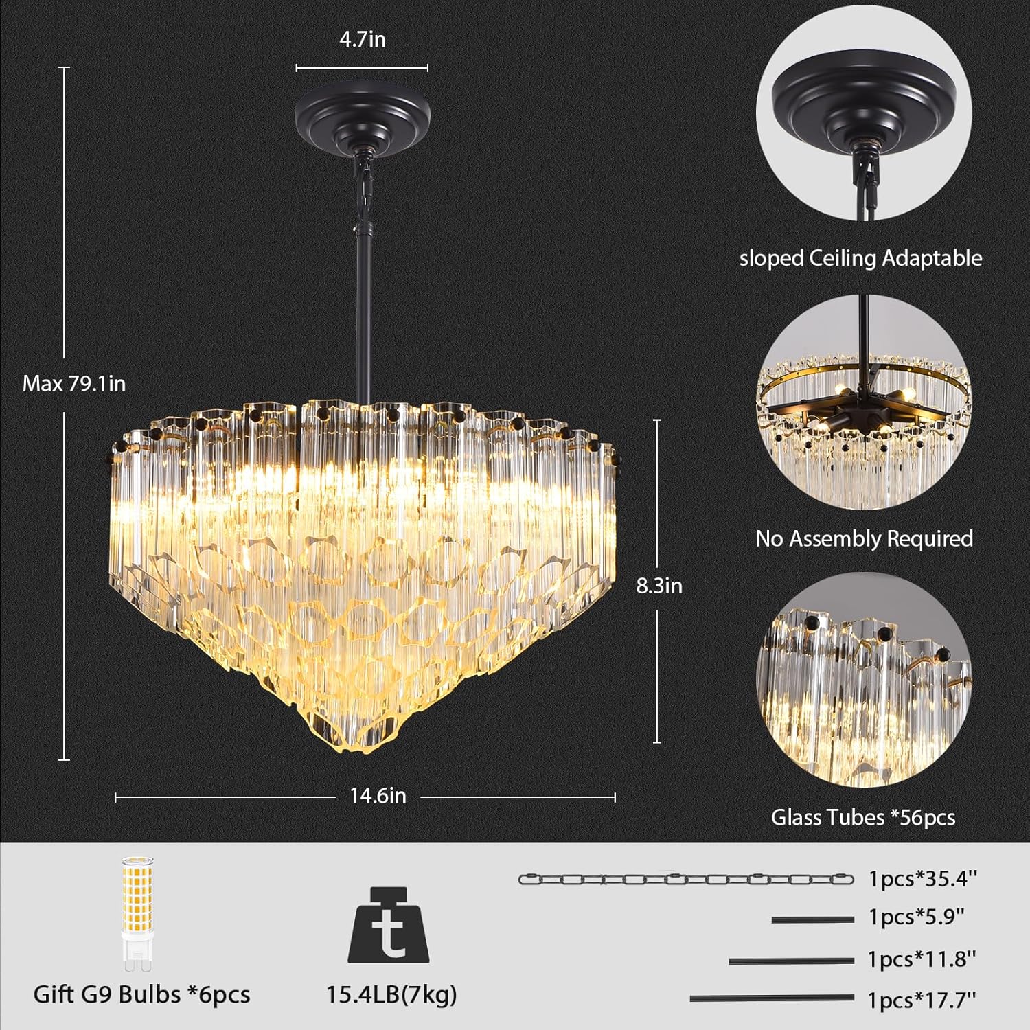 MDEGLYO Modern Amber and Clear Glass Chandelier 14" 32" 43" - Image 16