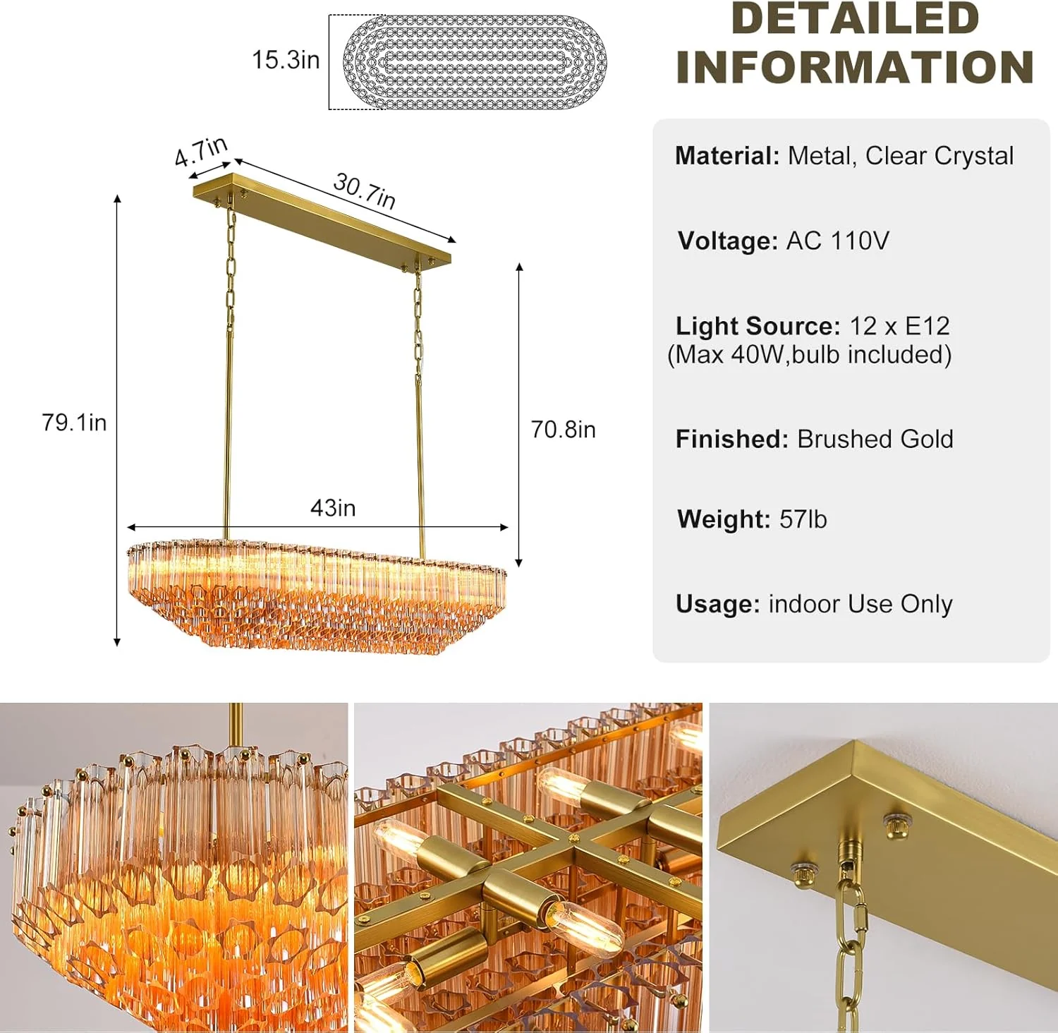 MDEGLYO Modern Amber and Clear Glass Chandelier 14" 32" 43" - Image 4