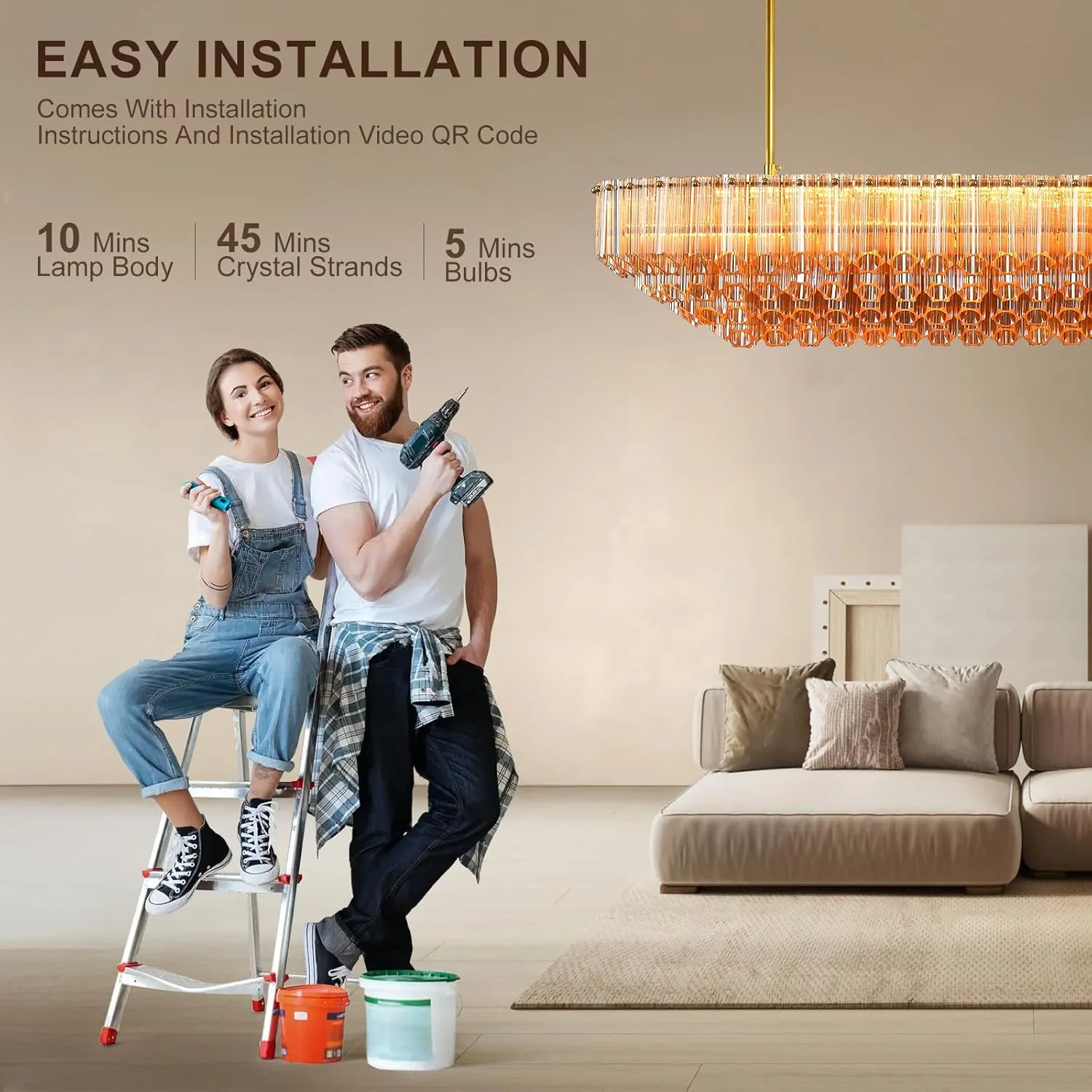 MDEGLYO Modern Amber and Clear Glass Chandelier 14" 32" 43" - Image 5