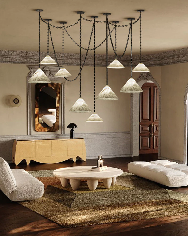 Medium 12" Conical Pendant White Alabaster Shade with Adjustable Chain for living room