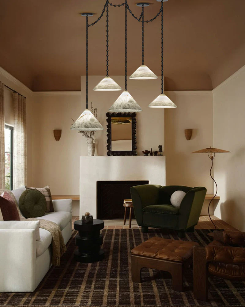 Medium 12" Conical Pendant White Alabaster Shade with Adjustable Chain for living room - Image 10
