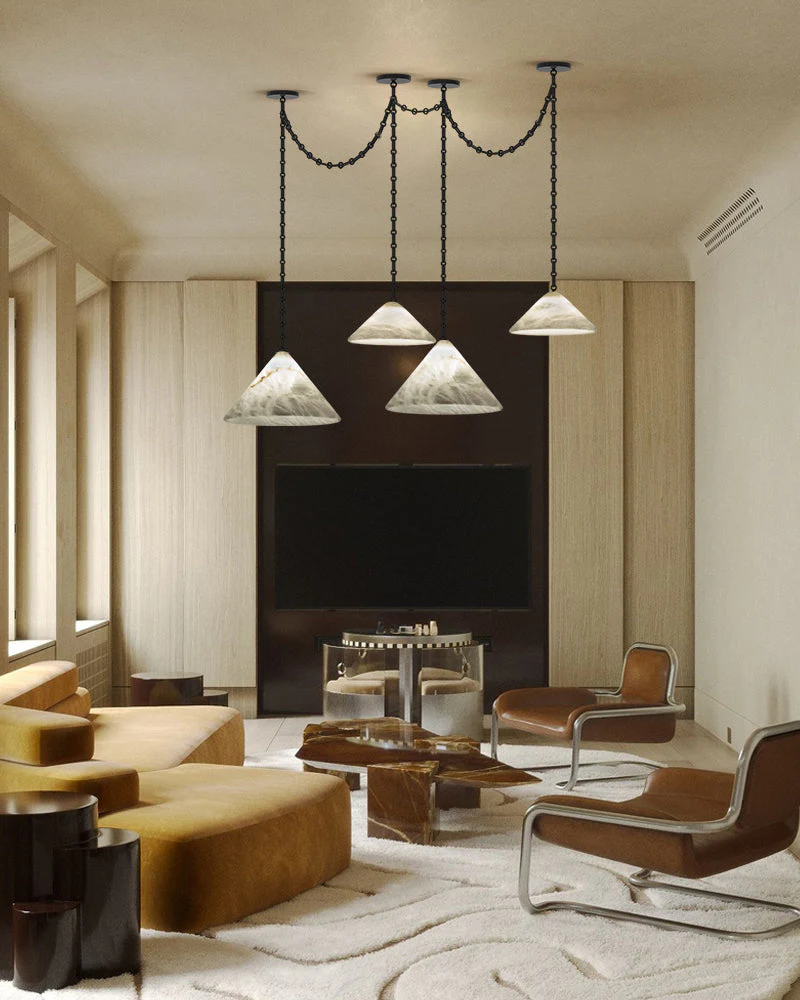 Medium 12" Conical Pendant White Alabaster Shade with Adjustable Chain for living room - Image 7