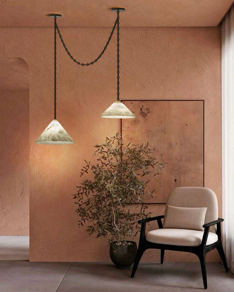 Medium 12" Conical Pendant White Alabaster Shade with Adjustable Chain for living room - Image 9