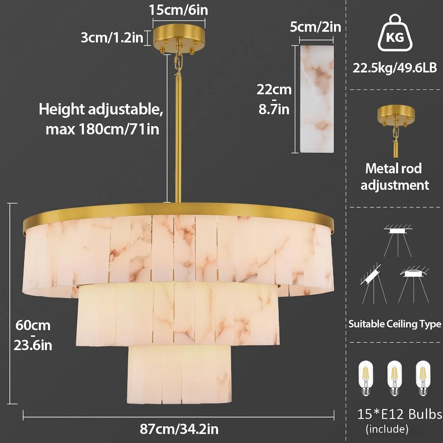 Modern 3-Tier Round Alabaster Chandelier-Gold 34"D - Image 5