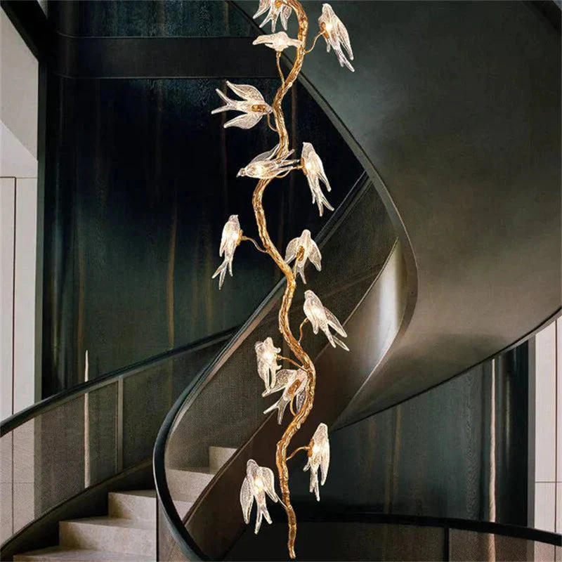 Modern Bird Glass Tree Branch Long Staircase Chandelier - Image 5