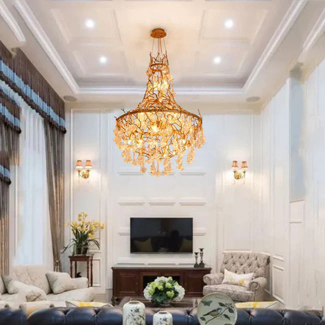 Modern Crystal Drop Brass Branch Chandelier - Image 7
