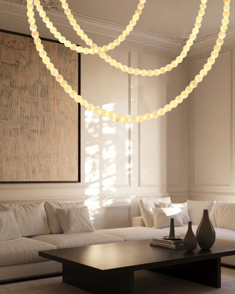 Modern LED Natural Alabaster Globes Beads Hanging Chandelier Indoor Lighting Fixture - Image 2