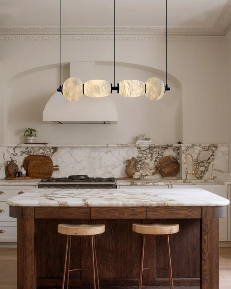 Modern Linear White Alabaster Solid Ball Thread Synthetic Shade Hanging Light for Dining