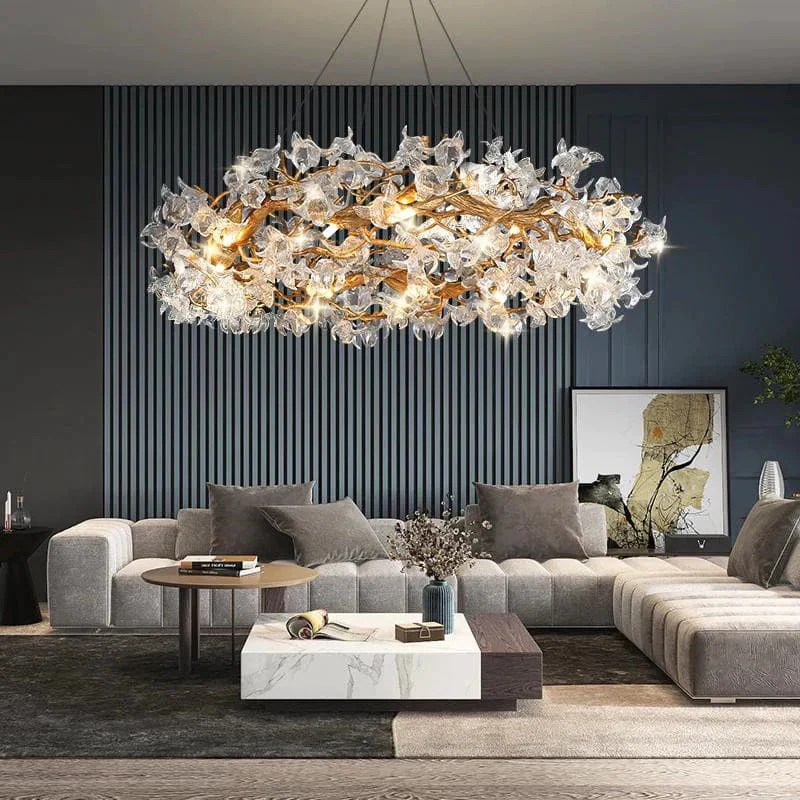 Modern Petal Crystal Round Brass Branch Chandelier For Living Room - Image 3