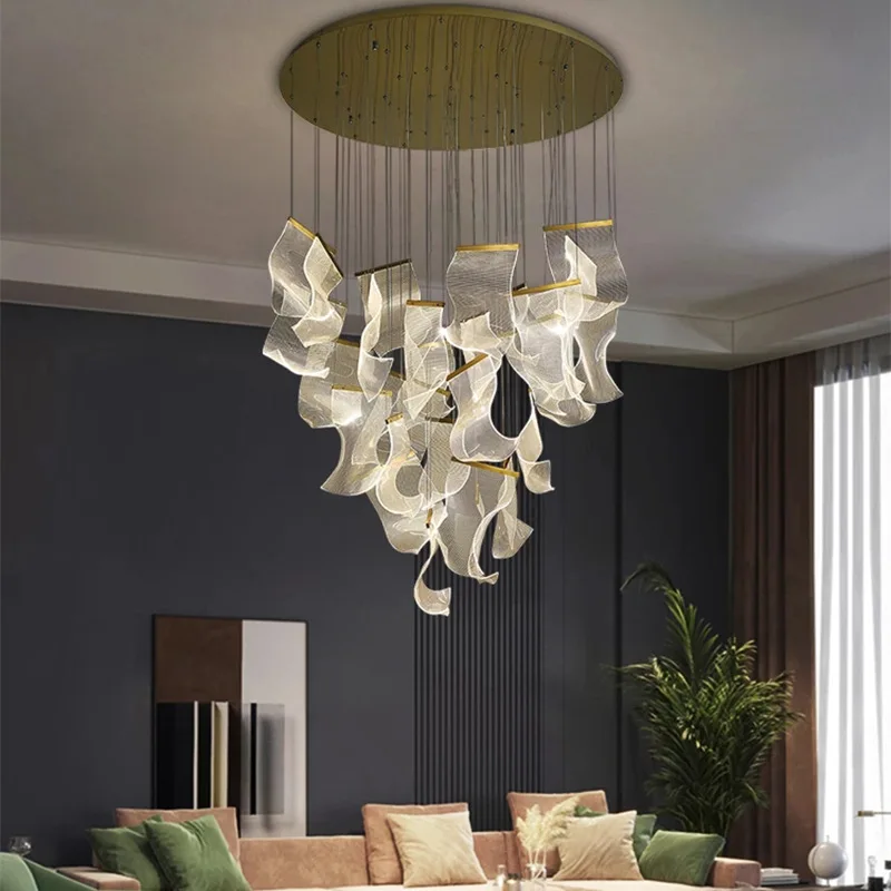 Modern Style Hotel Villa Stairs Bronze Iron Ceiling Light Hanging Acrylic LED Pendant Light - Image 2