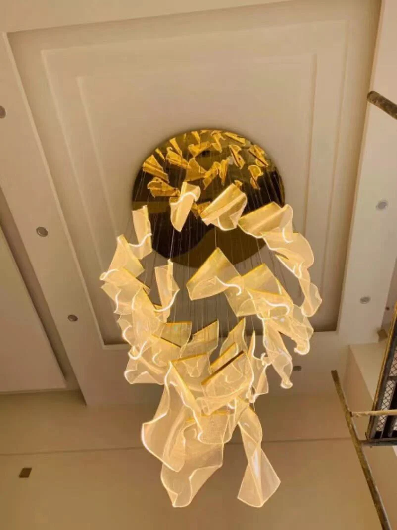 Modern Style Hotel Villa Stairs Bronze Iron Ceiling Light Hanging Acrylic LED Pendant Light - Image 4