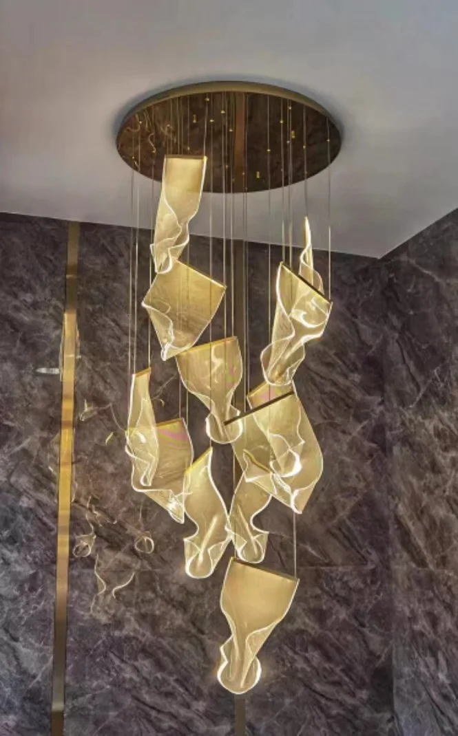 Modern Style Hotel Villa Stairs Bronze Iron Ceiling Light Hanging Acrylic LED Pendant Light - Image 5