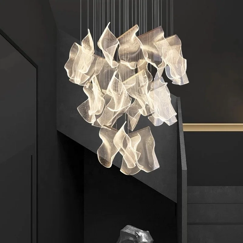 Modern Style Hotel Villa Stairs Bronze Iron Ceiling Light Hanging Acrylic LED Pendant Light - Image 7