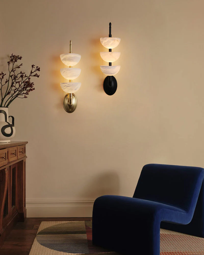 Modern Triple Alabaster Brass Stone Semi-Oval Wall Sconces 6in 15W