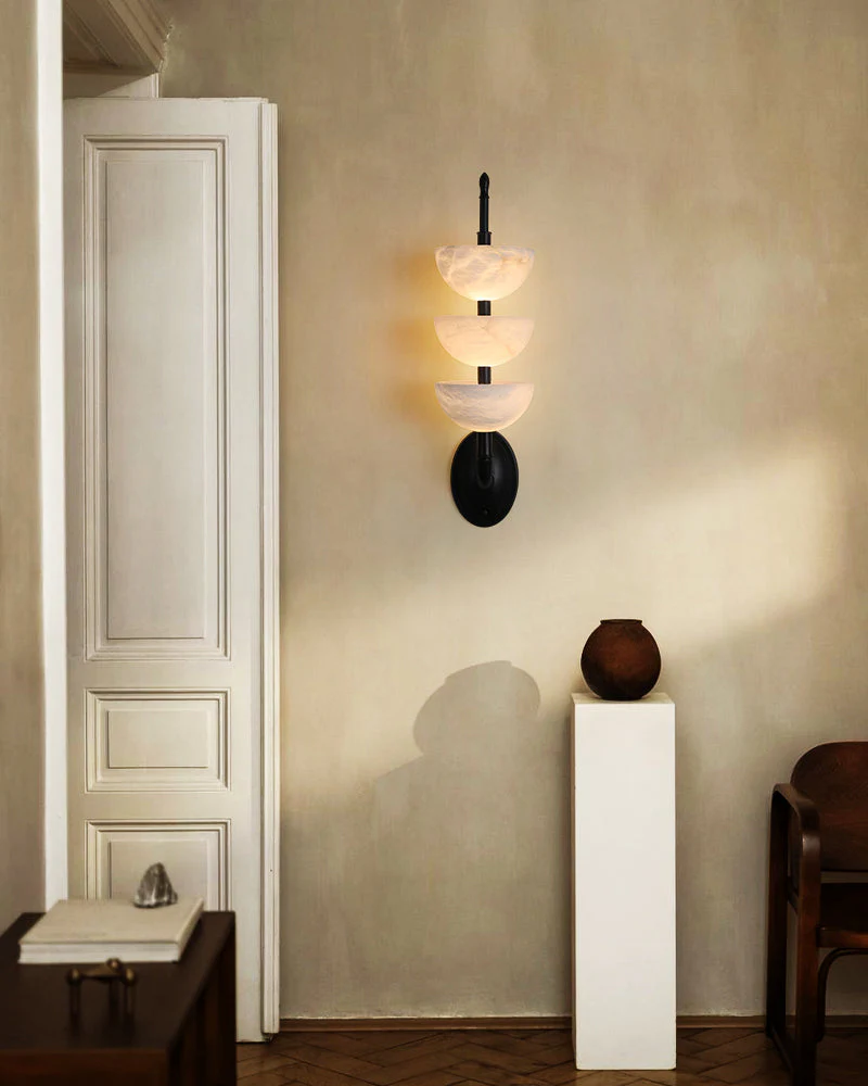 Modern Triple Alabaster Brass Stone Semi-Oval Wall Sconces 6in 15W - Image 2