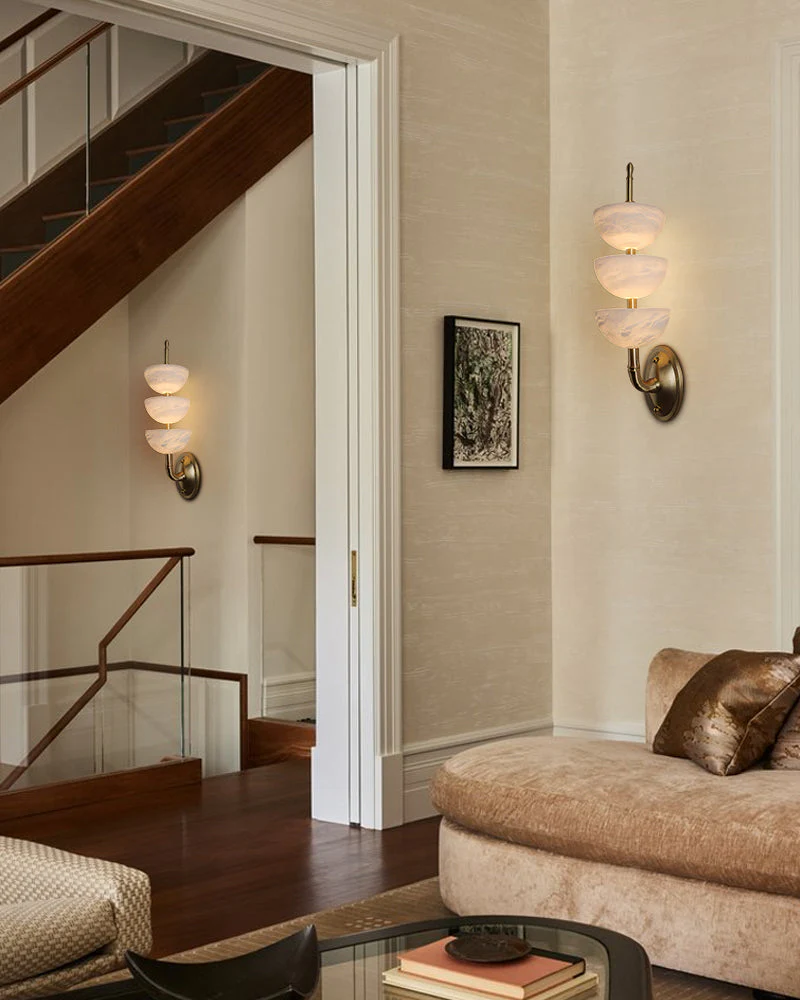 Modern Triple Alabaster Brass Stone Semi-Oval Wall Sconces 6in 15W - Image 4