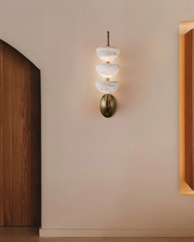 Modern Triple Alabaster Brass Stone Semi-Oval Wall Sconces 6in 15W - Image 7