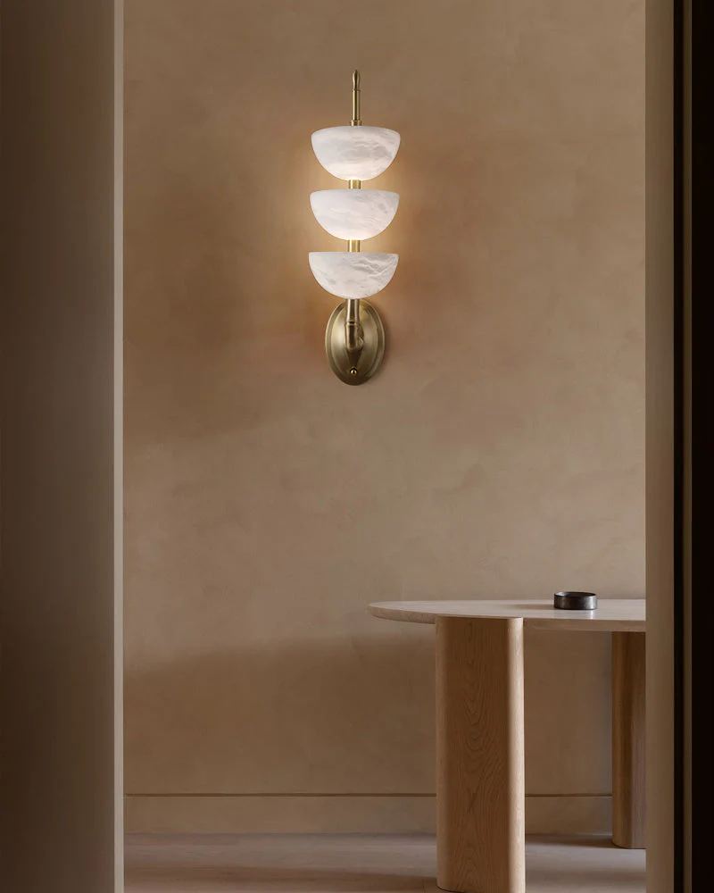 Modern Triple Alabaster Brass Stone Semi-Oval Wall Sconces 6in 15W - Image 9