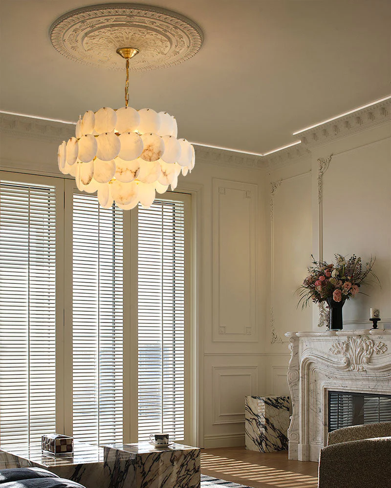 Multi layers Spanish White Alabaster Shell Marble Chandelier lamp in Brass - Image 11