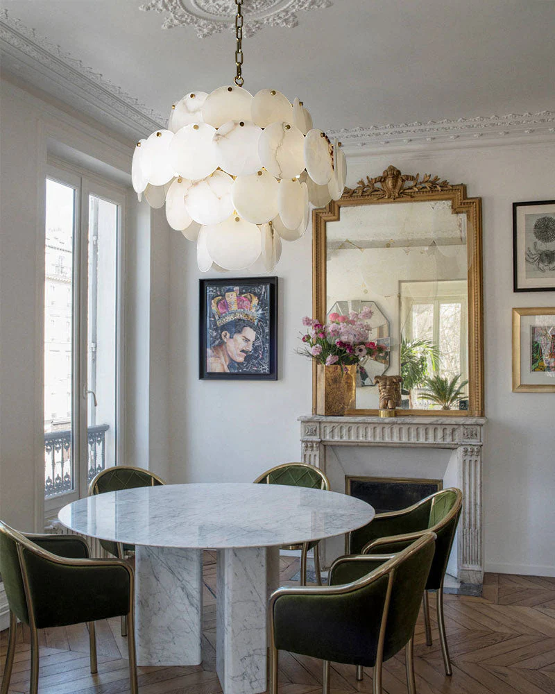 Multi layers Spanish White Alabaster Shell Marble Chandelier lamp in Brass - Image 2