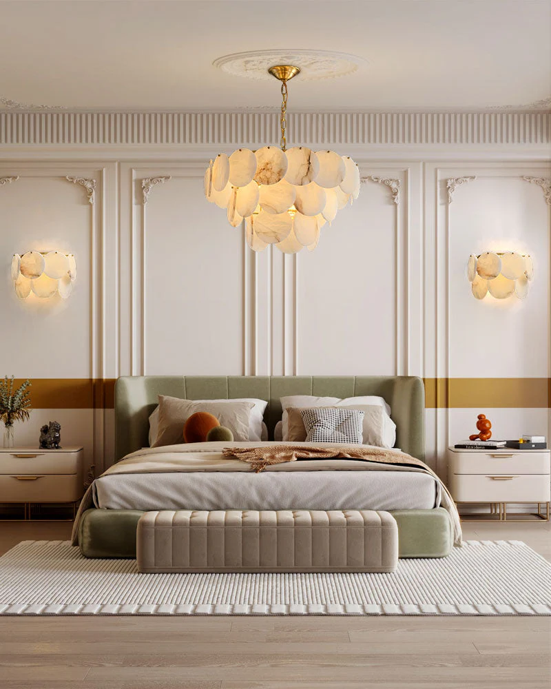 Multi layers Spanish White Alabaster Shell Marble Chandelier lamp in Brass - Image 9