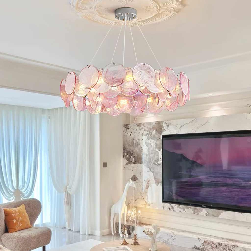 Murano Glass Disc Chandelier, Pink / Green - Image 7