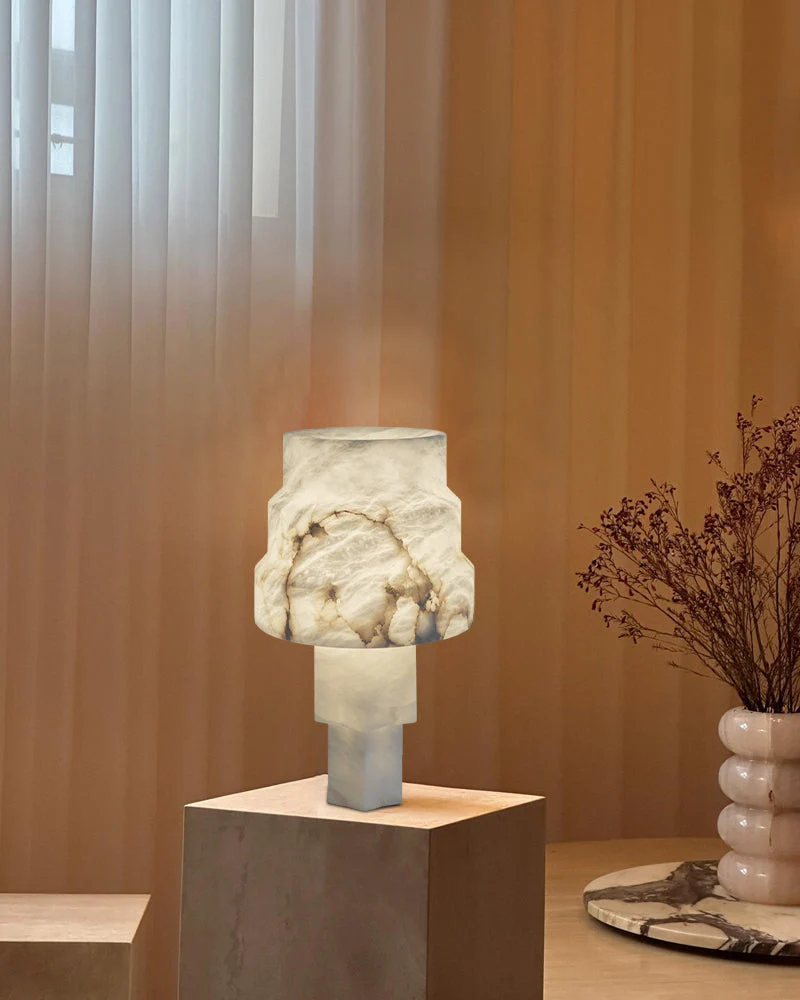 Nature Inspired Cylinder White Alabaster Short Table Lamp 8in for bedroom - Image 5
