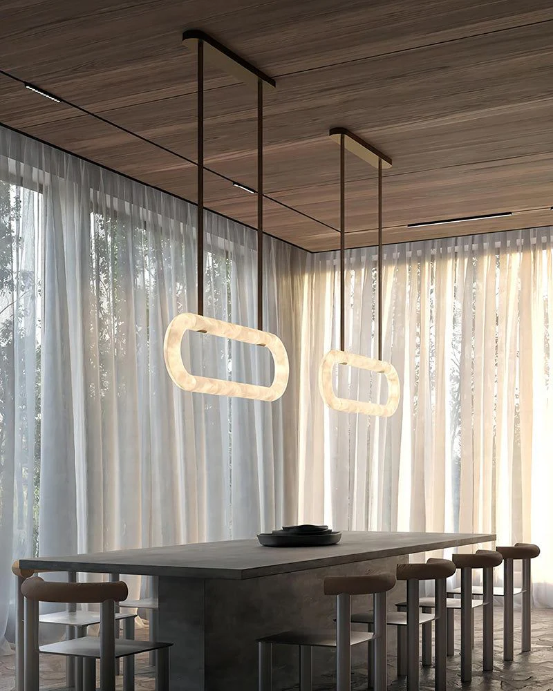 Oval Alabaster LED Large Pendant lamp with adjustable leather, Dia 16/24"