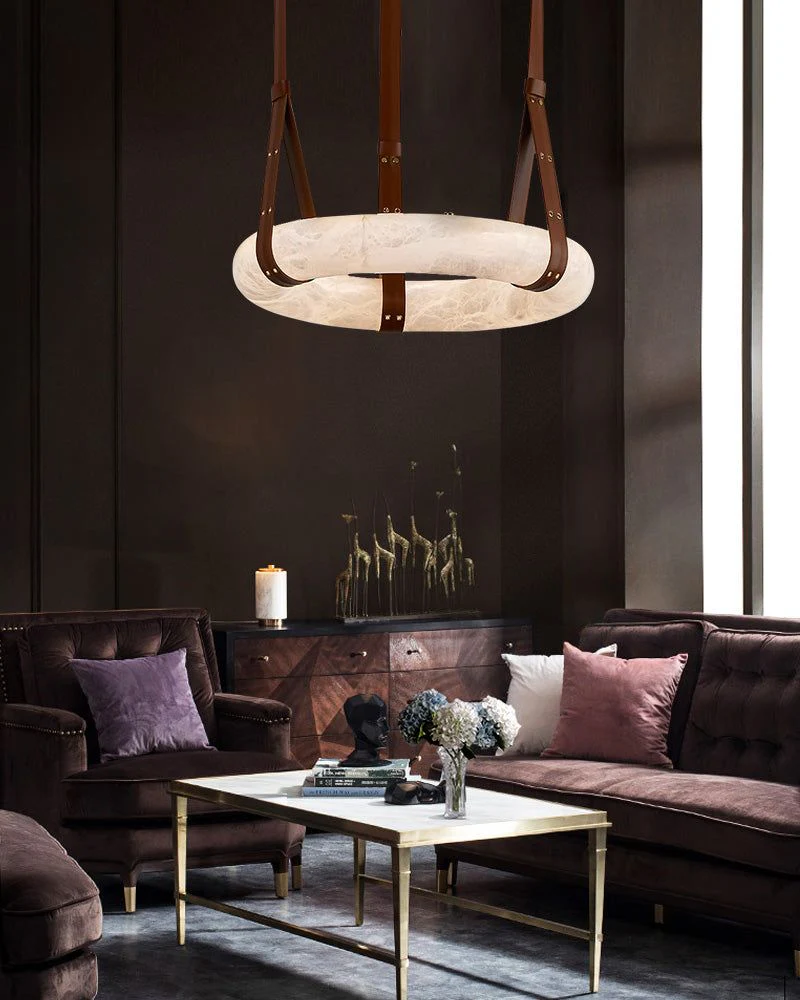 Oval Alabaster LED Large Pendant lamp with adjustable leather, Dia 16/24" - Image 10