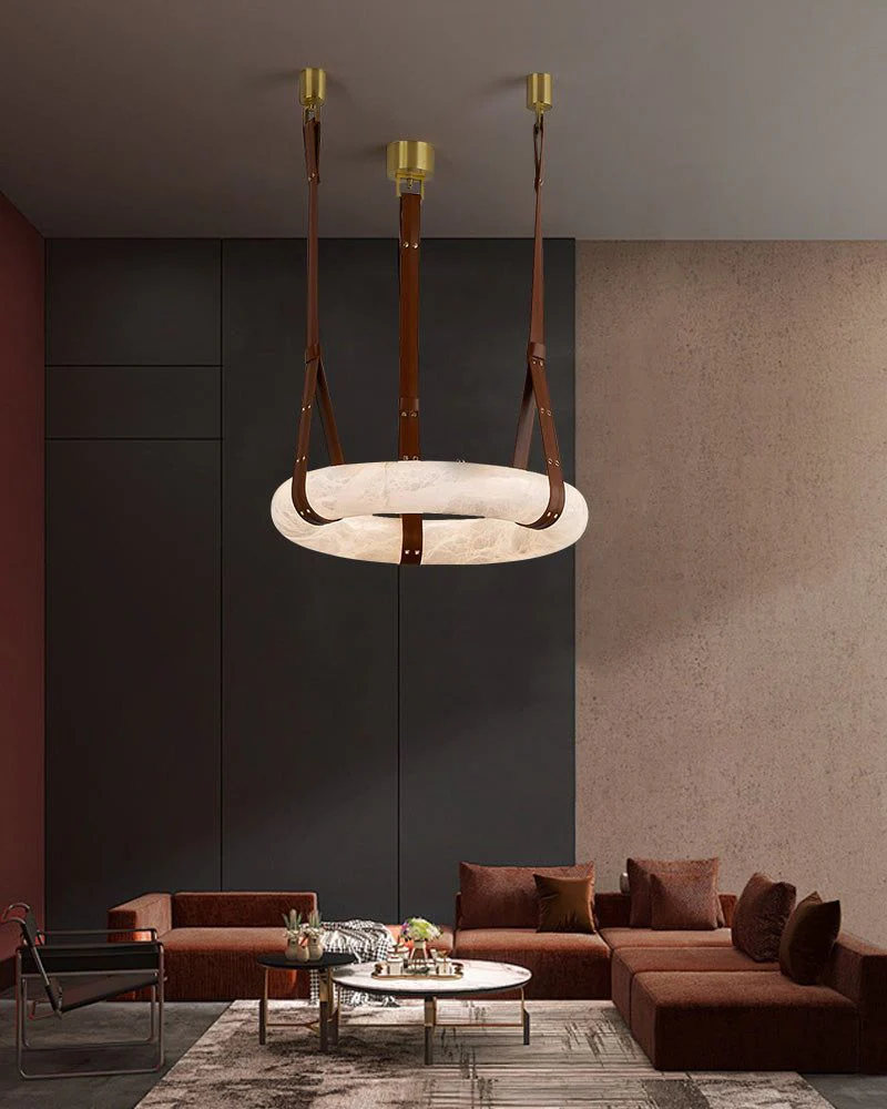 Oval Alabaster LED Large Pendant lamp with adjustable leather, Dia 16/24" - Image 11