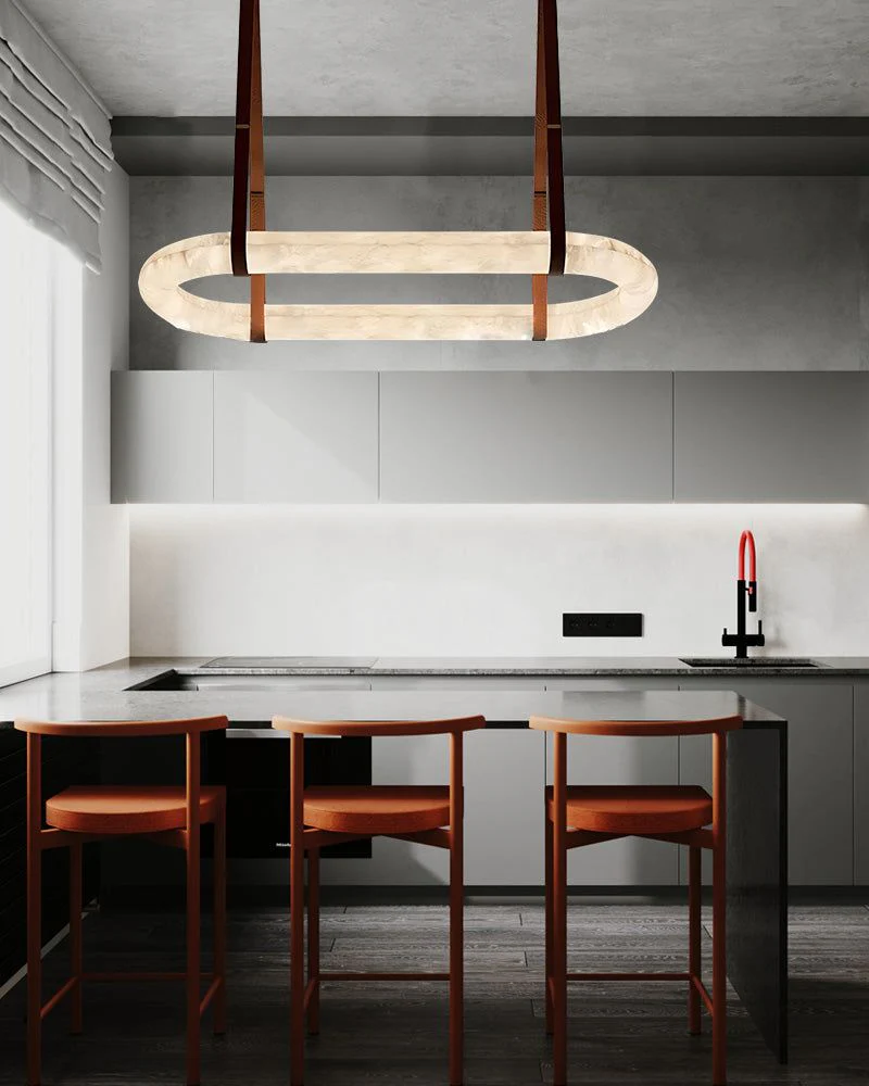 Oval Alabaster LED Large Pendant lamp with adjustable leather, Dia 16/24" - Image 12