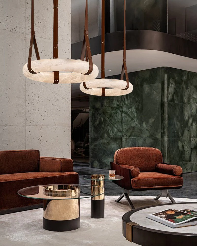 Oval Alabaster LED Large Pendant lamp with adjustable leather, Dia 16/24" - Image 14