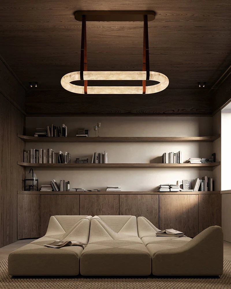 Oval Alabaster LED Large Pendant lamp with adjustable leather, Dia 16/24" - Image 15