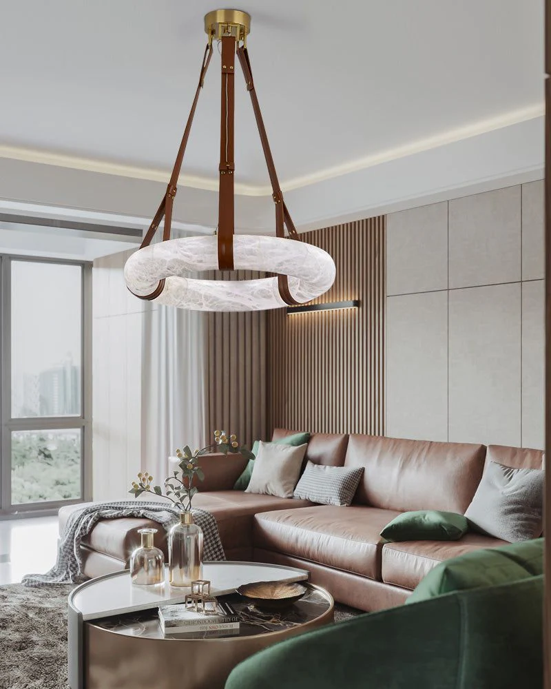 Oval Alabaster LED Large Pendant lamp with adjustable leather, Dia 16/24" - Image 16