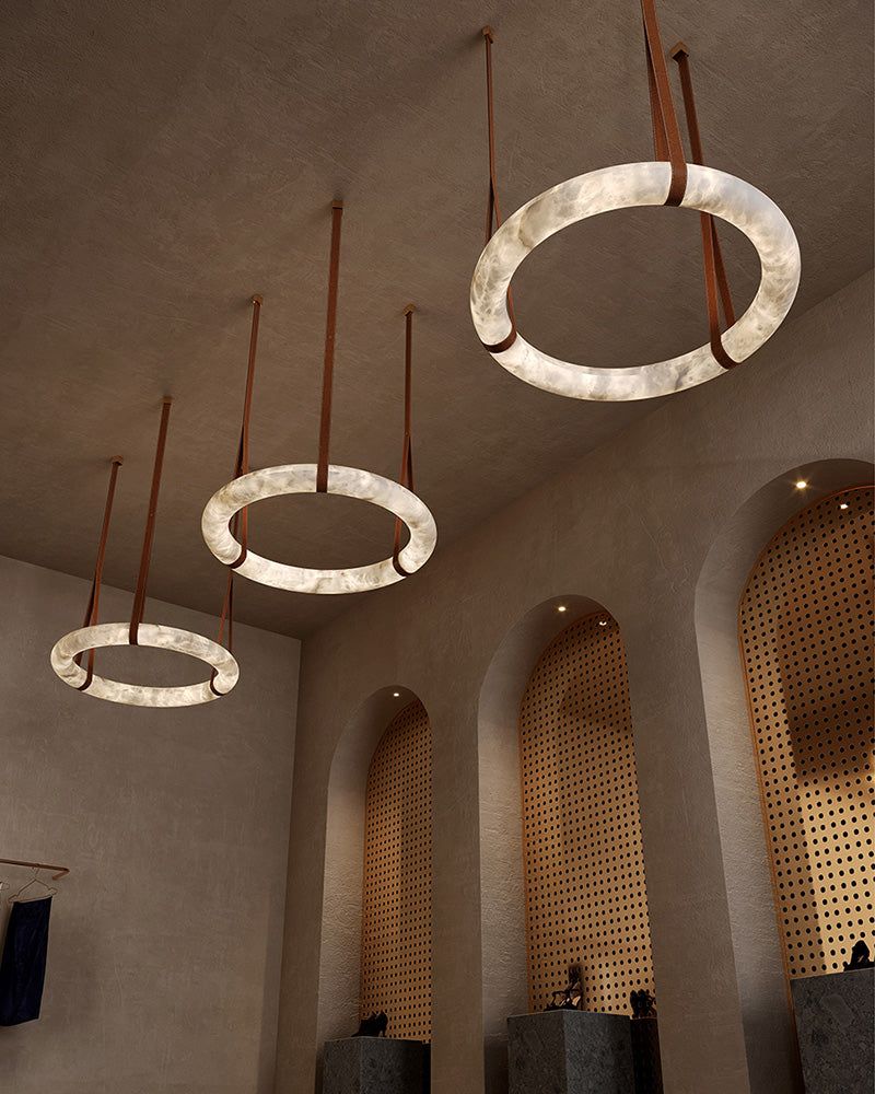 Oval Alabaster LED Large Pendant lamp with adjustable leather, Dia 16/24" - Image 8