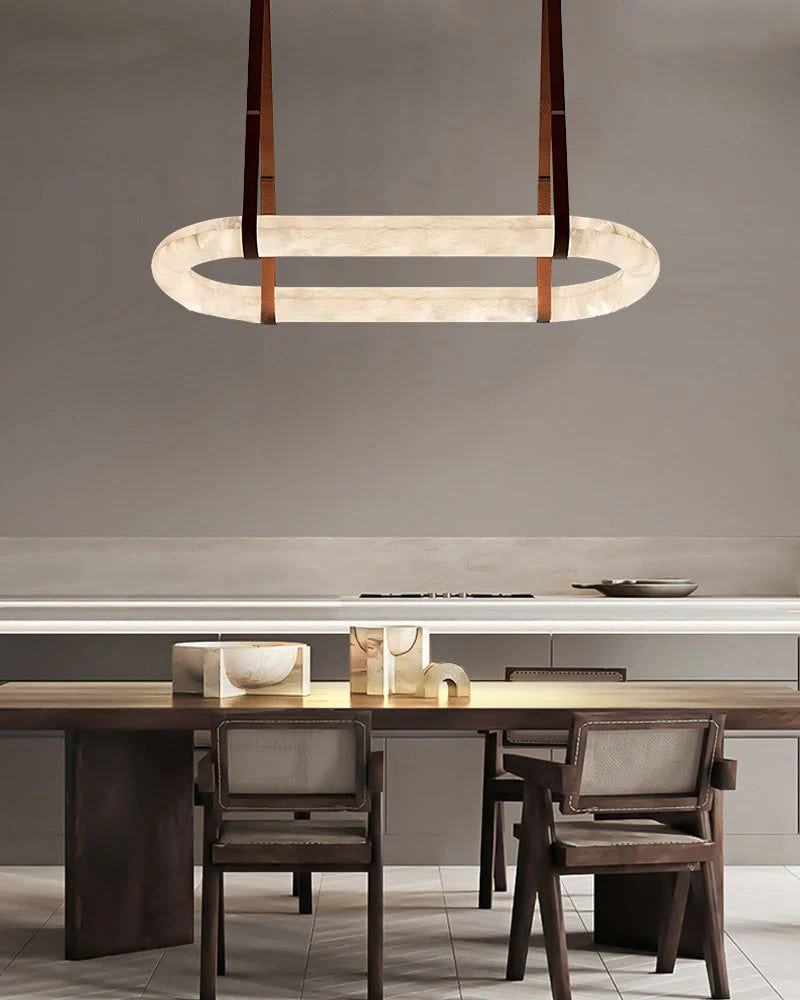 Oval Alabaster LED Large Pendant lamp with adjustable leather, Dia 16/24" - Image 9