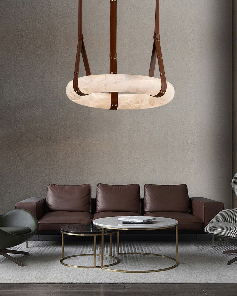 Round LED White Marble Pendant lamp with adjustable leather, Dia 12/16" - Image 13