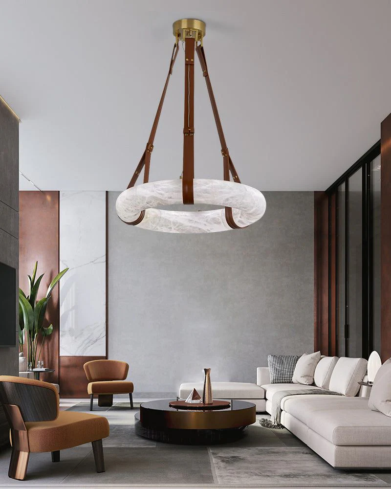 Round LED White Marble Pendant lamp with adjustable leather, Dia 12/16" - Image 15
