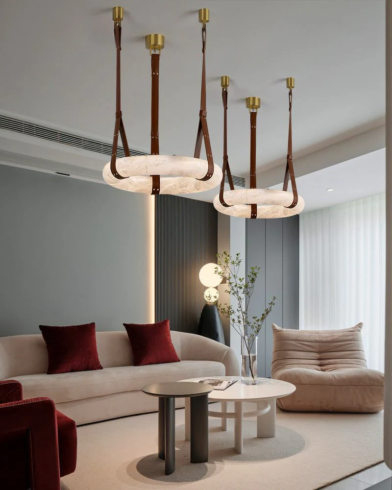 Round LED White Marble Pendant lamp with adjustable leather, Dia 12/16" - Image 16