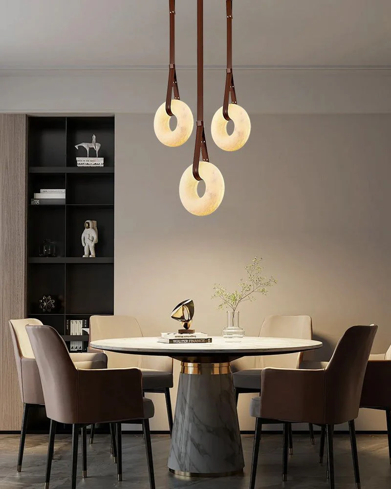 Round LED White Marble Pendant lamp with adjustable leather, Dia 12/16" - Image 3