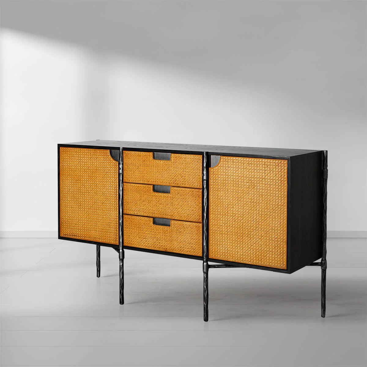 Hand-Forged Metal Metal Frame Rattan Side Cabinet - Image 9