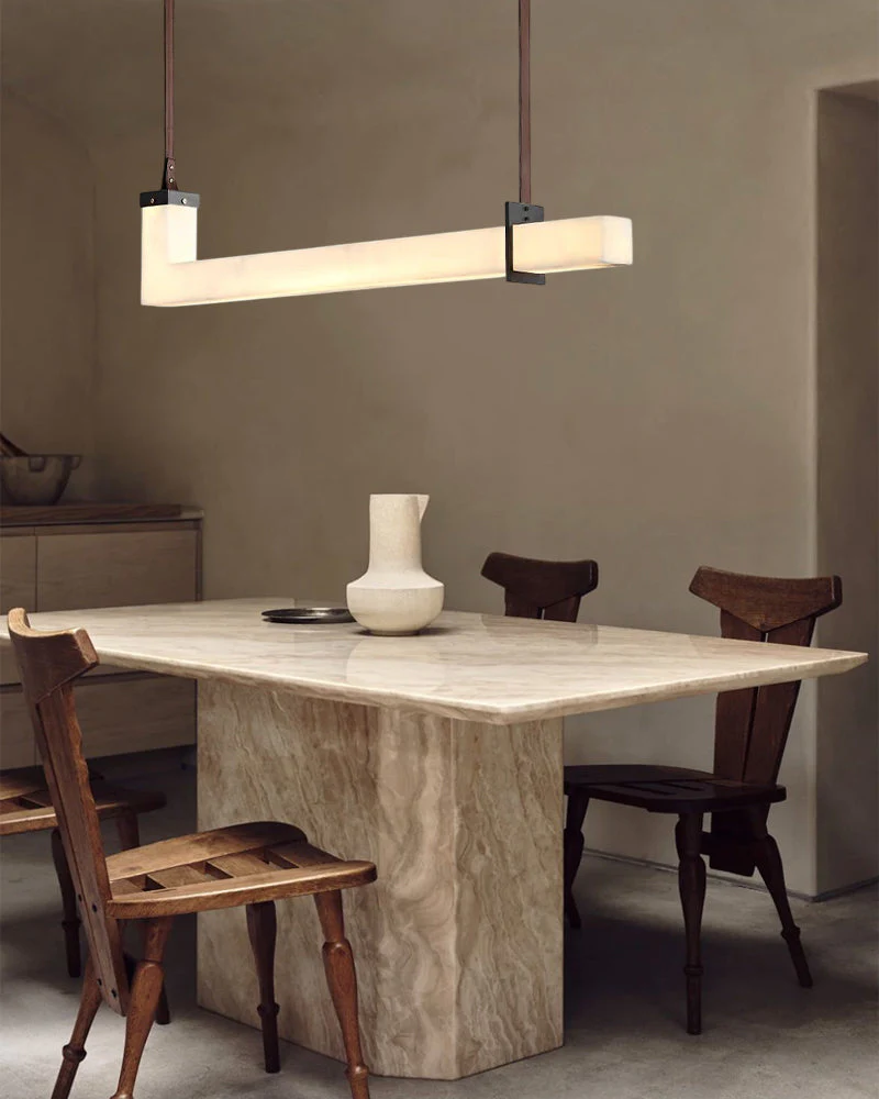 Up & Down Lighting Linear Brown Leather Alabaster Linear Pendant Lights Long 39“ 47”